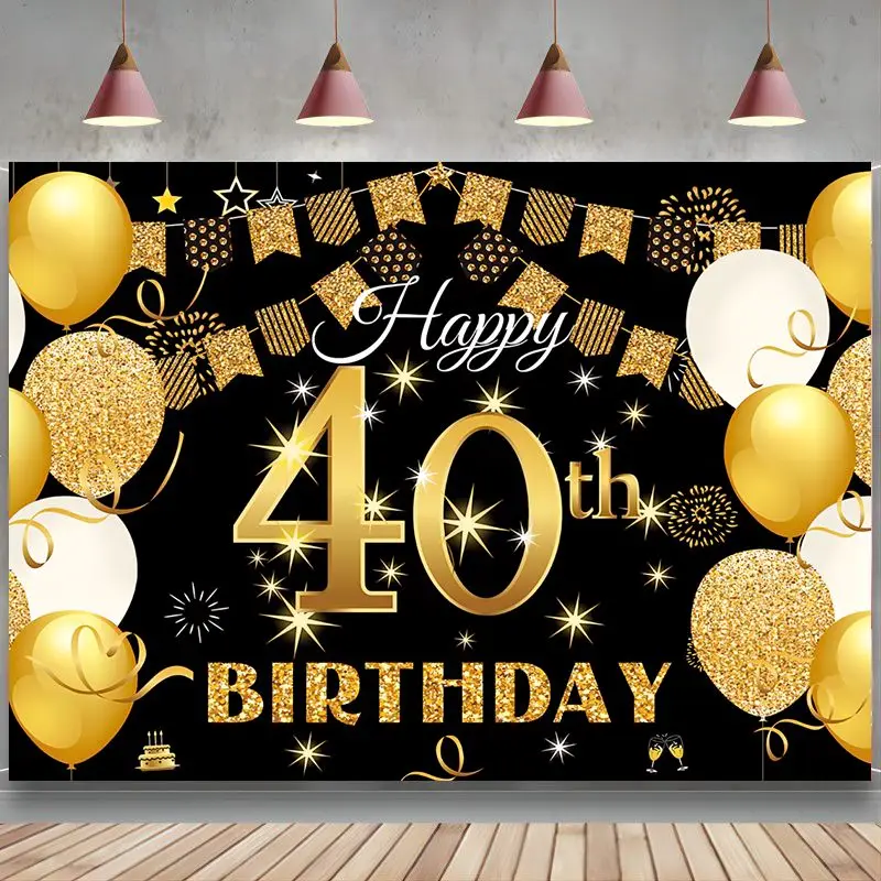 

Happy 40th Birthday Backdrop Decoration Black Gold Sign Poster Photo Booth Background Banner Men Women Anniversary Party Supplie