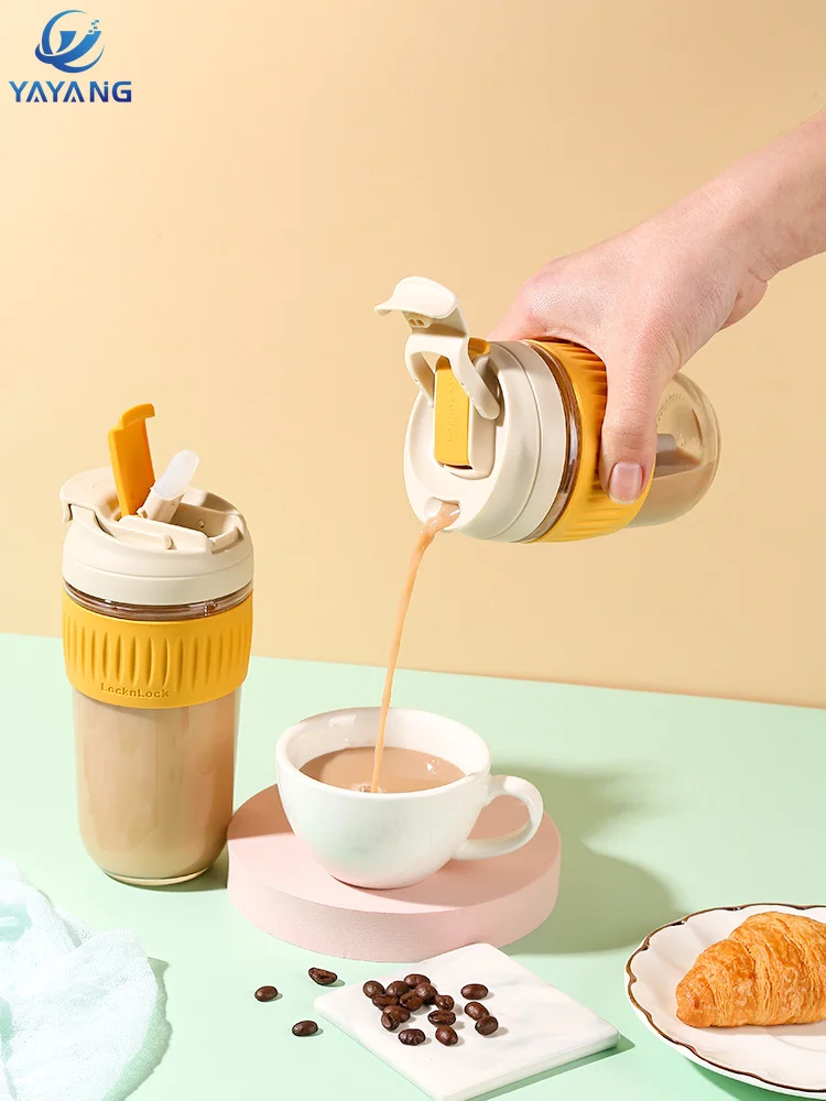 

450ML Portable Coffee Glass Cup with Straw Travel Glass Water Bottles Coffee Mugs Food Grade Silicone Lid Leak Proof Drink Cup