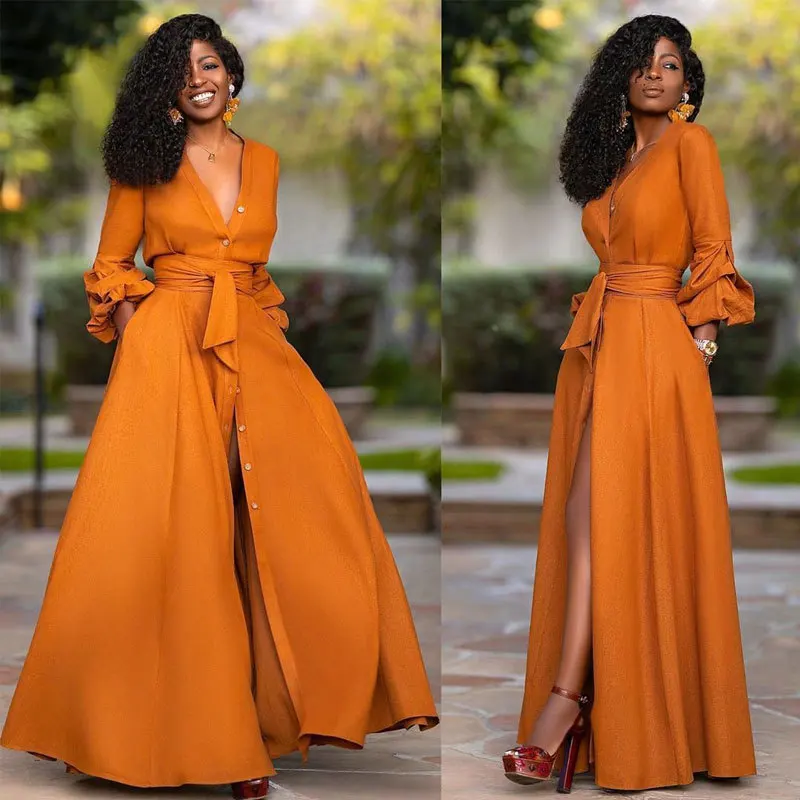 

Casual Slit Prom Robe Women Sexy Deep V Neck Long Sleeve Collect Waist Solid Cardigan Dress 2021 New Vacation Vestido