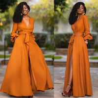 casual slit prom robe women sexy deep v neck long sleeve collect waist solid cardigan dress 2021 new vacation vestido