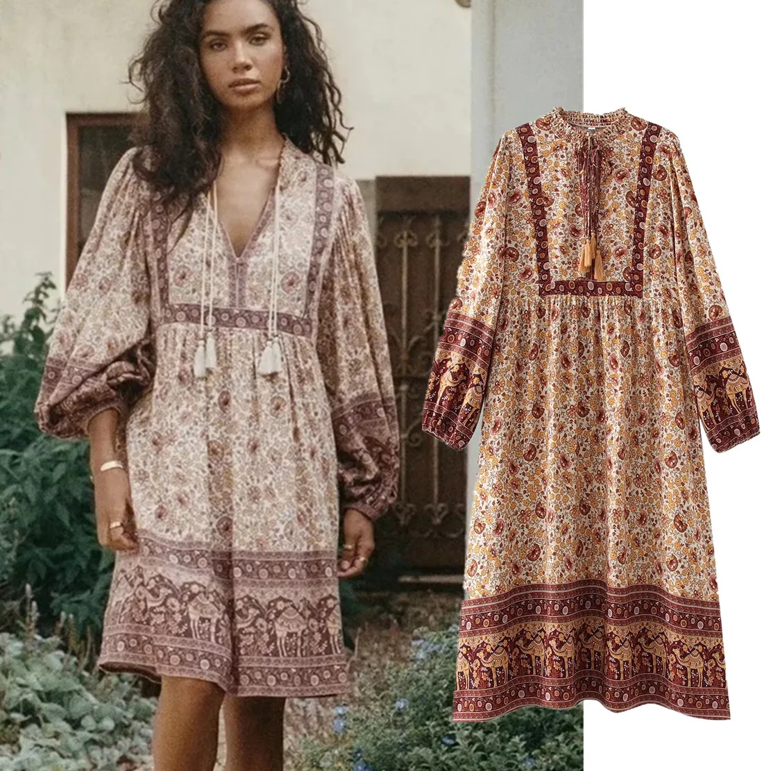 

Jenny&Dave 2022 Indie Folk Loose Cotton Casual Midi Dress Women Bohemian Style Vintage Tassles Print Dress