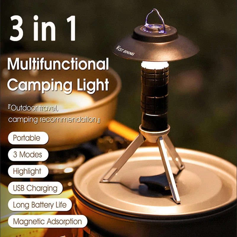 Portable Camping Light with Magnetic USB Rechargeable 3 Lighting Modes Tent Camping Lantern Outdoor Led Flashlight Retro Lamp