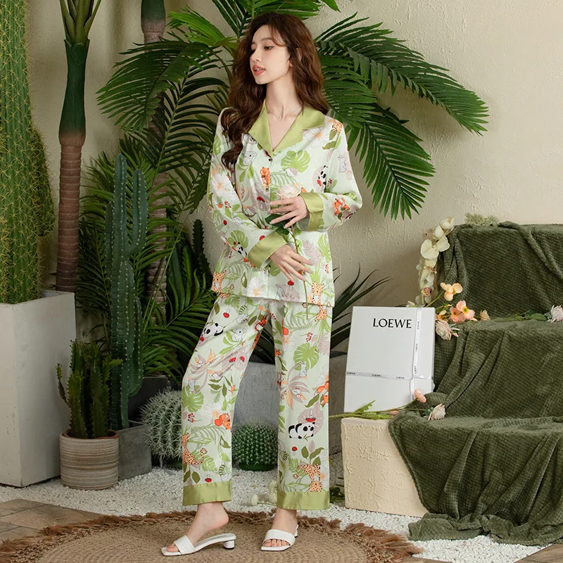 Spring and Autumn New Ice Silk Pajamas Women's Long-Sleeve Suit Herringbone Pattern Cute Cartoon Panda Home Wear