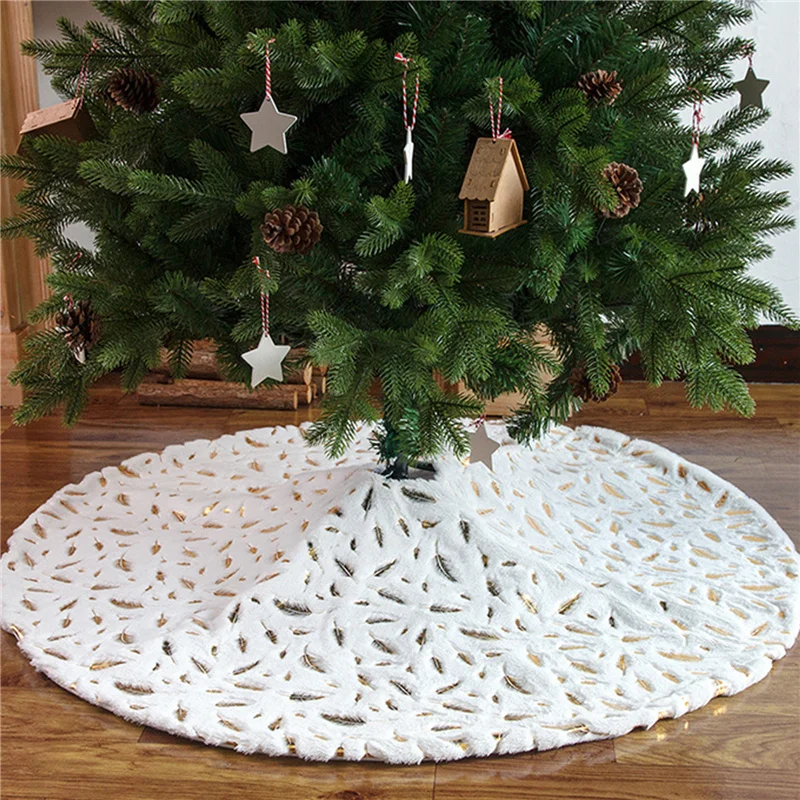 

Xmas Tree Carpet Plush Merry Christmas Tree Skirt Bronzing Feather Apron Ornaments Tree Skirt New Year Navidad Home Decor