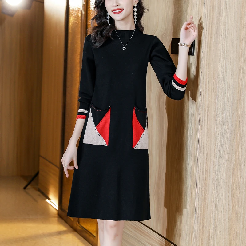 

Autumn Winter Sweater Tunics Women's Pockets Fashion Slim Knitted Comfortable and Soft Wool Dresses