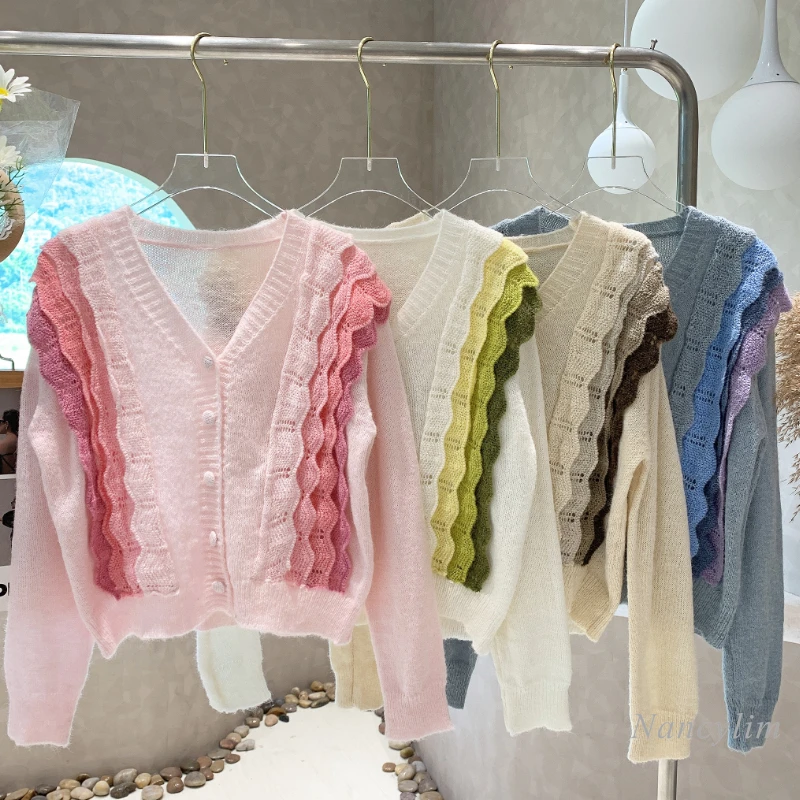 

Женский трикотажный кардиган с V-образным вырезом, длинным рукавом и оборками