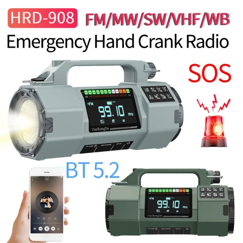 HRD-908 FM/MW/SW/VHF/WB солнечное радио аварийное радио с рукояткой уличный аварийный светодиодный фонарик с сигнализацией SOS BT динамик плеер