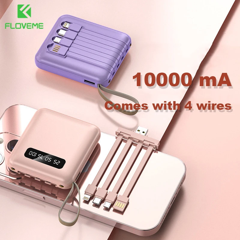 Floveme Portable Power Bank With Four Cables 20000mAh Batterie Externe Digital Display Powerbank For iPhone 14 13 Andorid Phones