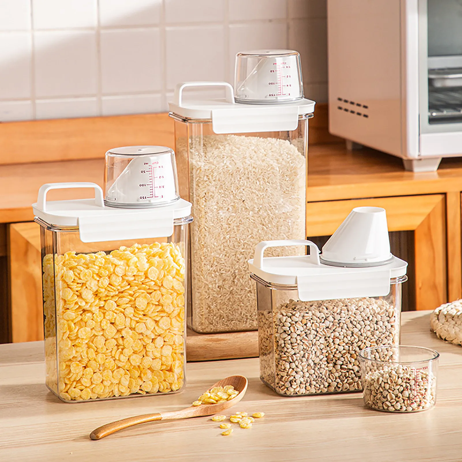 

3 Kind Of Capacity Airtight Dry Food Dispenser With Handle And Measuring Cup Rice Beans Grains Storage Bucket For Home Kitchen