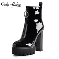 onlymaker womens comfy elastic platform round toe chunky high heel pull on ankle booties plus size patent leather boots