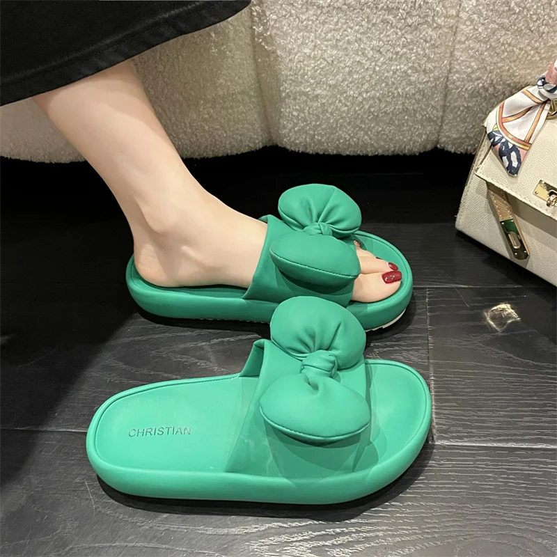 

Slippers Women Summer Shoes Med Shale Female Beach Pantofle Slides Butterfly-Knot Rubber Sabot Flat 2023 PU Sweet Basic