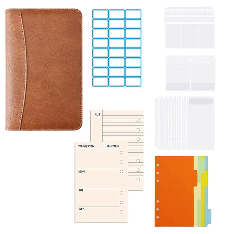 

NEW-A6 Budget Binder PU Leather With Cash Envelopes 6-Ring Zippered Portfolio Folder Money Organiser Binder With Calculator