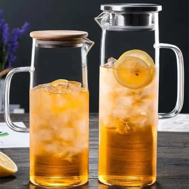 

2023 Cold Glass Water Bottle Jar Kettle Transparent Large Capacity Heat Resistant Water Pot with Handle Teapot Pitchers 1.2L 1.5