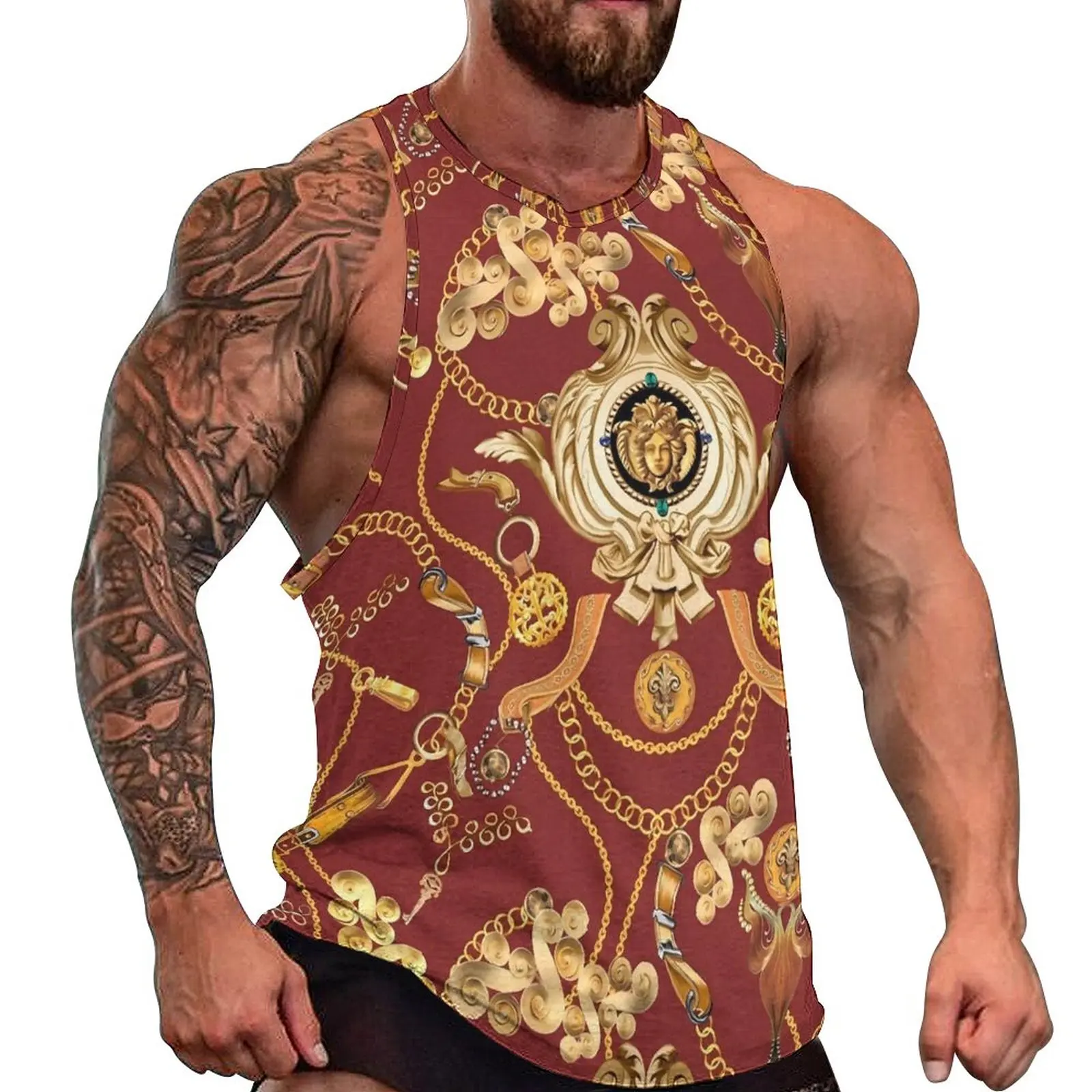

Gold Chain Print Tank Top Baroque Design Vintage Tops Summer Workout Males Graphic Sleeveless Shirts Big Size 4XL 5XL