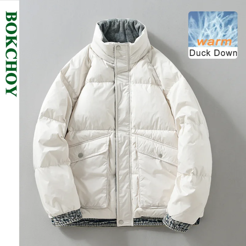 

2023 Winter New Denim Color Matching Down Jacket for Men Clothing 85% White Duck Down Thicked Casual Zipper Down Jacket J239