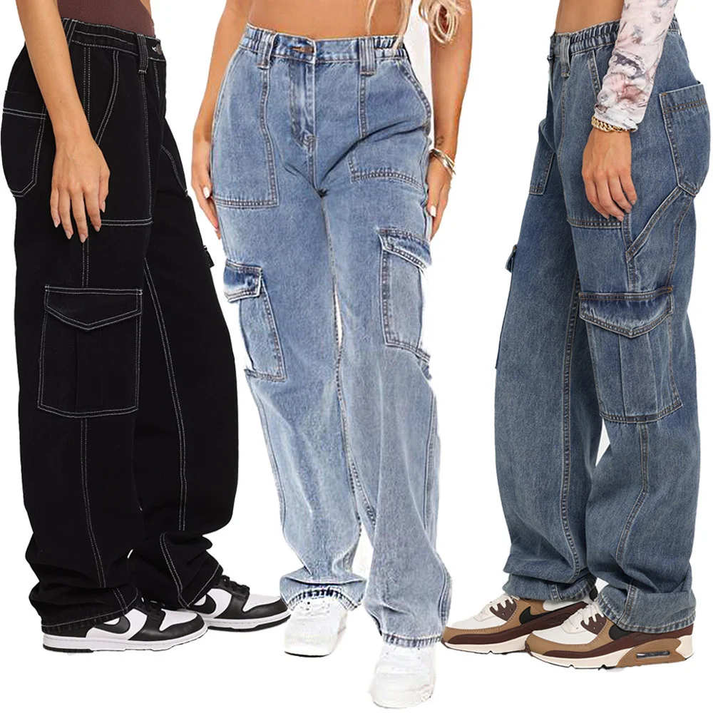 

2023Hot Jeans Winter New Woman High Waist Loose Jeans Fashion Casual Multi-pocket Wide Leg Pants Street Trendy Baggy Jeans S-XL