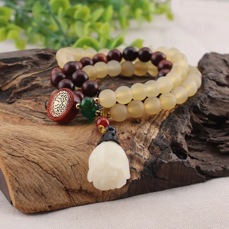 

Ethnic Style Xizang Fidelity Sheep Horn Bead Hand String Mythical Wild Animal Lotus Multi Loop Bracelet Cotton Linen Accessories