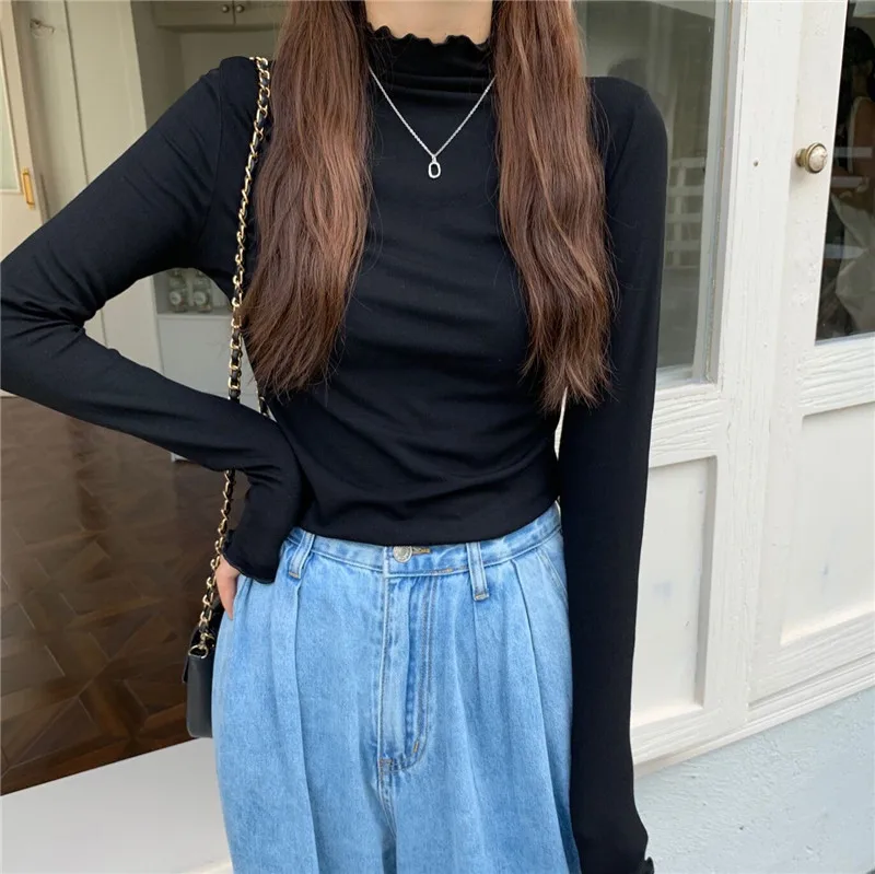 

Женская однотонная весенне-осенняя новая футболка 2022, серая водолазка с длинным рукавом