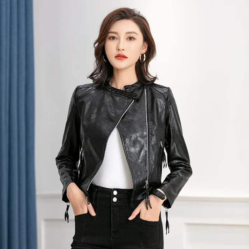 

Women Bike Coat PU Leather Outwear Zipper Outfit Spring Autumn Women Casual Fashion Short Thin Slim Female Jacket V34