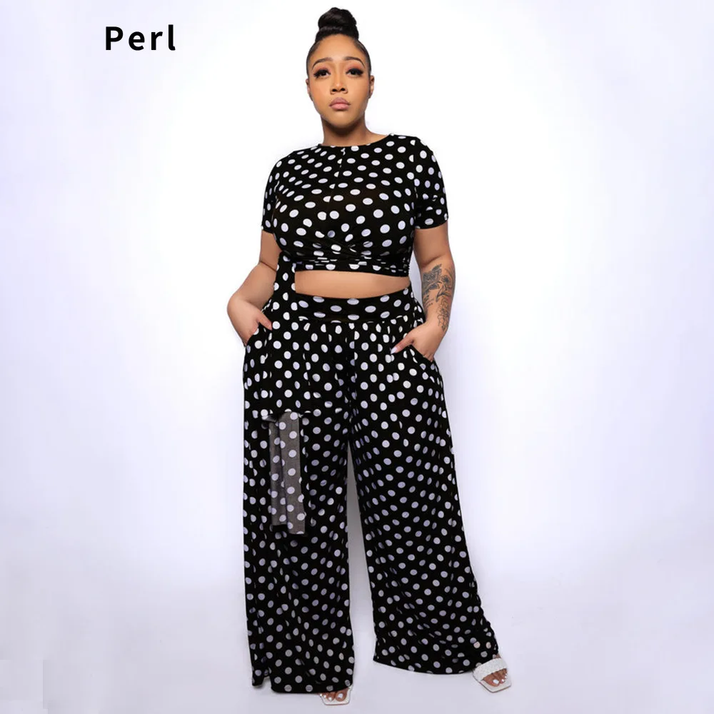 

Perl Vintage Wave Dot Crop Top+loose Pants Suit Plus Size Summer Outfit Women Matching Set Fashion Two Piece Tracksuit 3XL 4XL