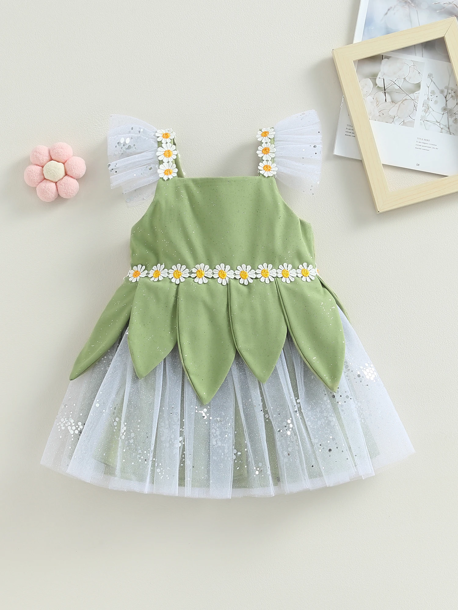 

Adorable Lace Sleeveless Princess Fairy Dress with Daisy Sling and Tulle Tutu for Baby Girls - Perfect for Halloween Cosplay