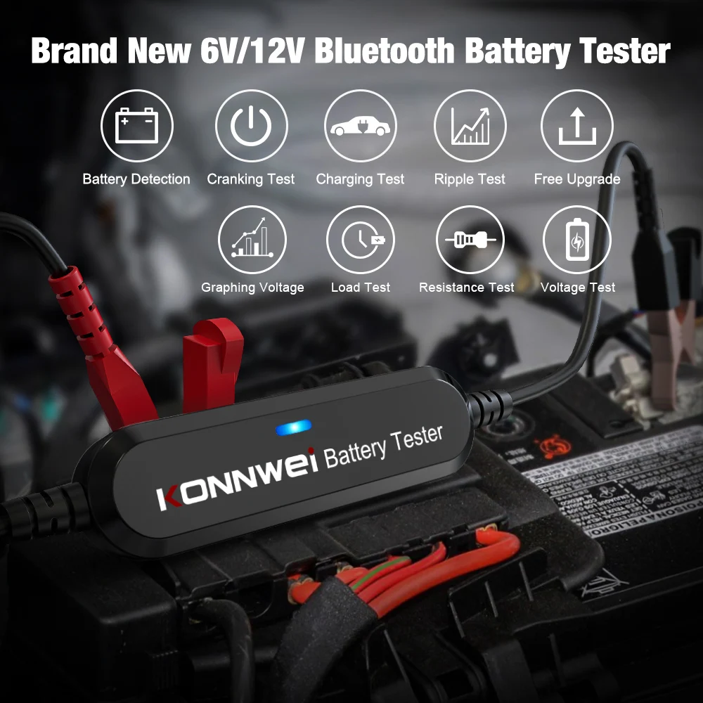 

KONNWEI BK100 Bluetooth 5.0 Car Motorcycle Battery Tester 6V/12V Battery Analyzer 100 to 2000 CCA Charging Cranking Test Tools f