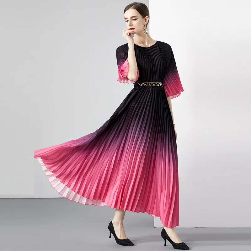 

Летнее плиссированное платье миаке, стильная длинная юбка с круглым вырезом и рукавом средней длины, постепенное дизайнерское платье на шн...