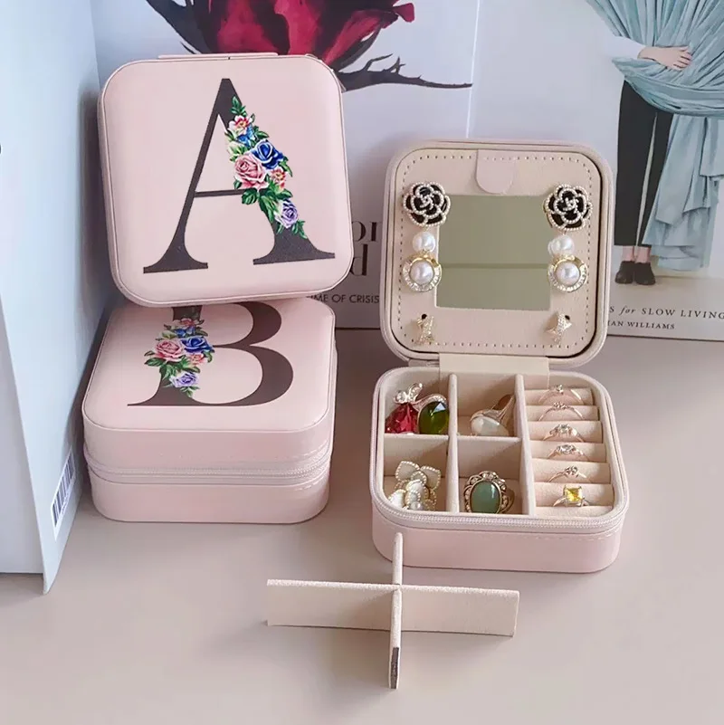 

Cosmetic Bag Jewelry Box Earrings Ring Box Letter Printed Jewelry Box Mirror Storage Box Cosmetic Organizer