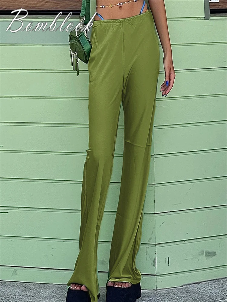 

Bomblook Q22PT142 Y2k Summer New Solid Color Elastic Low Waist Pack Hip Casual Fashion Wide Leg Pants British Style