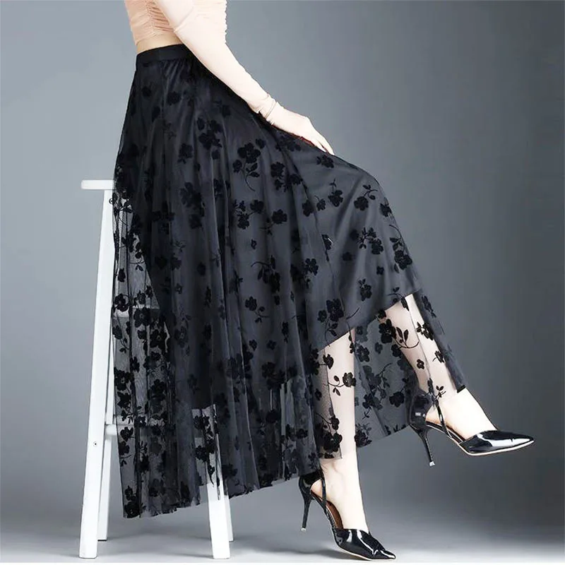 Spring Autumn Printing Elastic Waist Gauze Irregular Skirts 2022 New Elegant Fashion Long Skirts for Women Women's Clothing