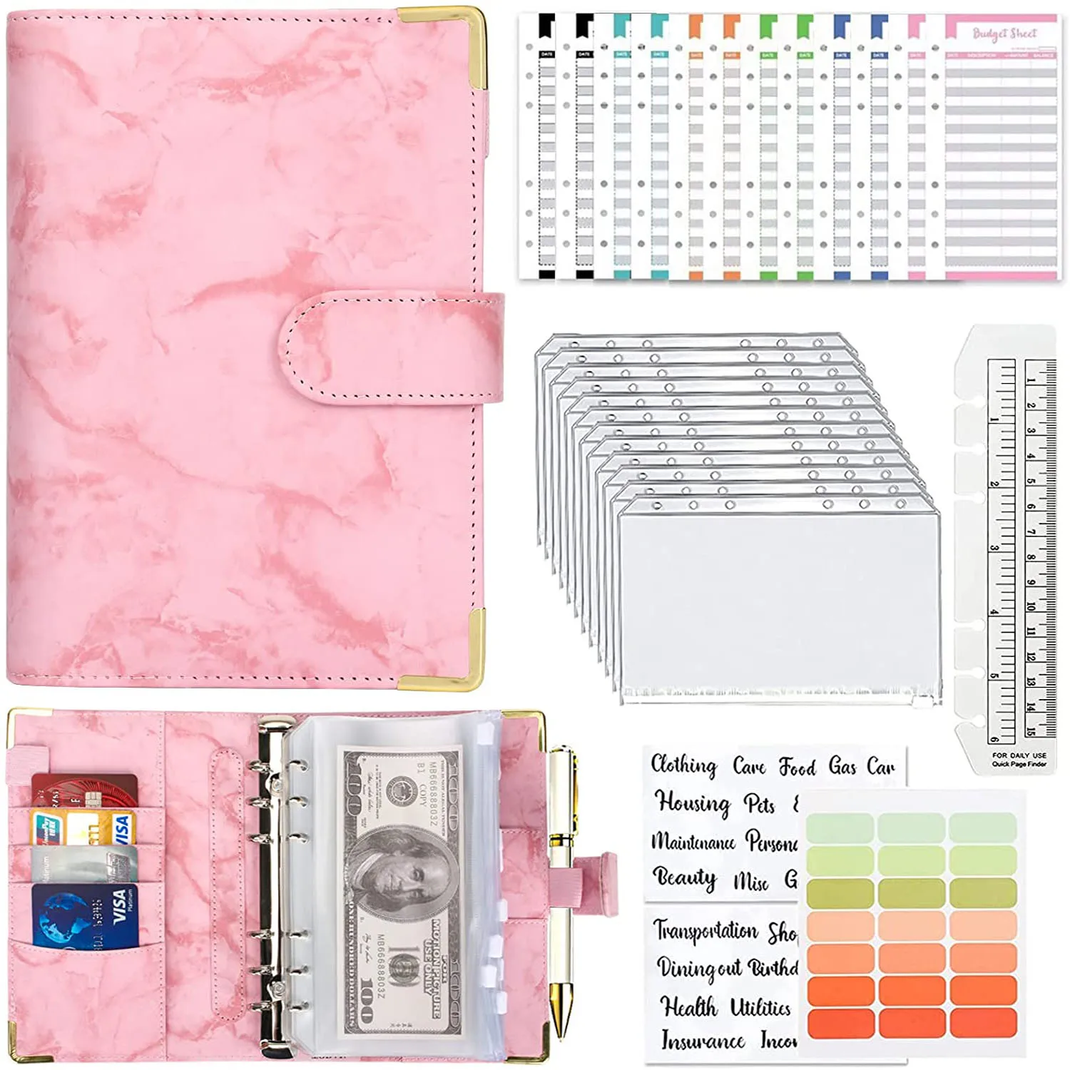 

A6 PU Leather Budget Binder Notebook Cash Envelopes Planner with 12 Budget Sheets 12 Clear Zipper Pockets Folder,Label Stickers
