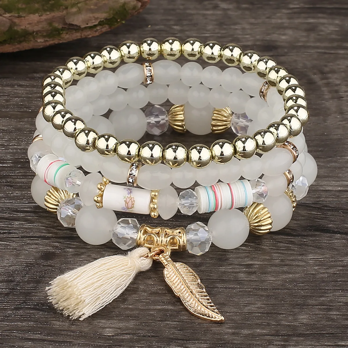 

Многослойный браслет в стиле бохо с крыльями и кисточками, 4 шт., белые стеклянные бусины, искусственные кристаллы для женщин, браслеты в этническом стиле, ювелирные изделия