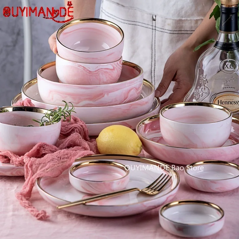 

1pc Pink Phnom Penh Marble Ceramic Tableware Bowl Plate Creative Ins Rice Salad Noodles Dish Soup Spoon Dinnerware Sets