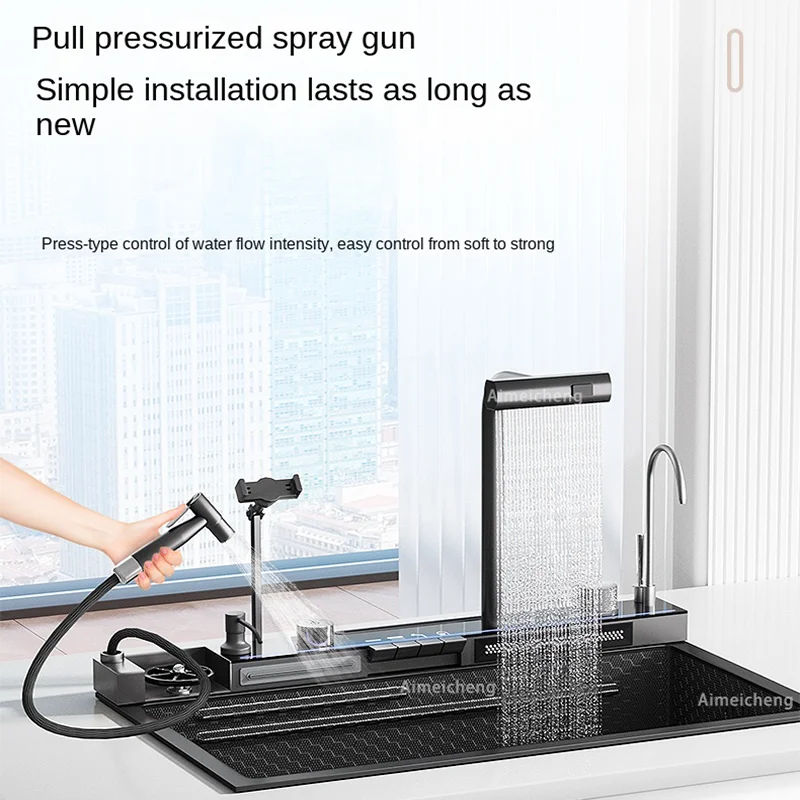 najnowszy zlewozmywak kuchenny ze stali nierdzewnej wytłoczony duży pojedynczy otwór z kranem wodospadowym wielofunkcyjna umywalka nad blatem