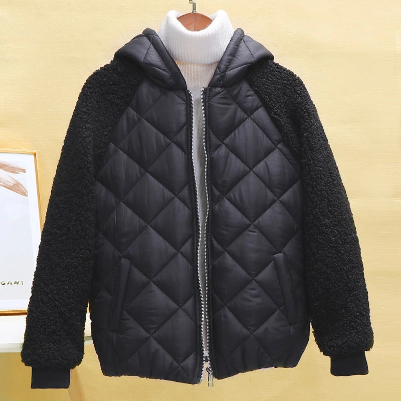Thin light Down Cotton Jacket Women's Autumn Winter Paneled Long Sleeves 2022 New Hooded Loose Imitation lamb Wool Cotton Jacket