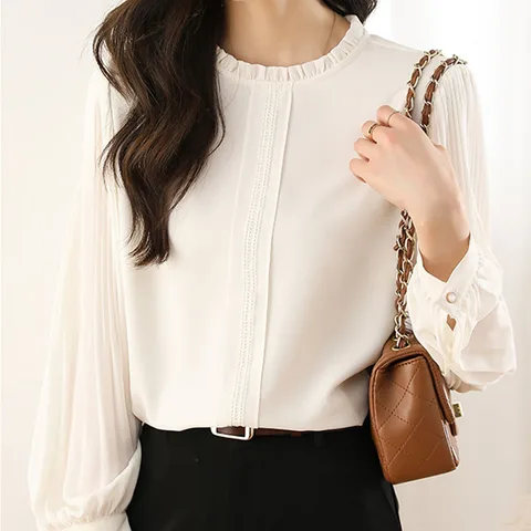 Spring Office Lady White Shirt Elegant Female Clothing Fashion Long Sleeve O-Neck Chiffon Blouse Casual Woman Tops Blusas 24846