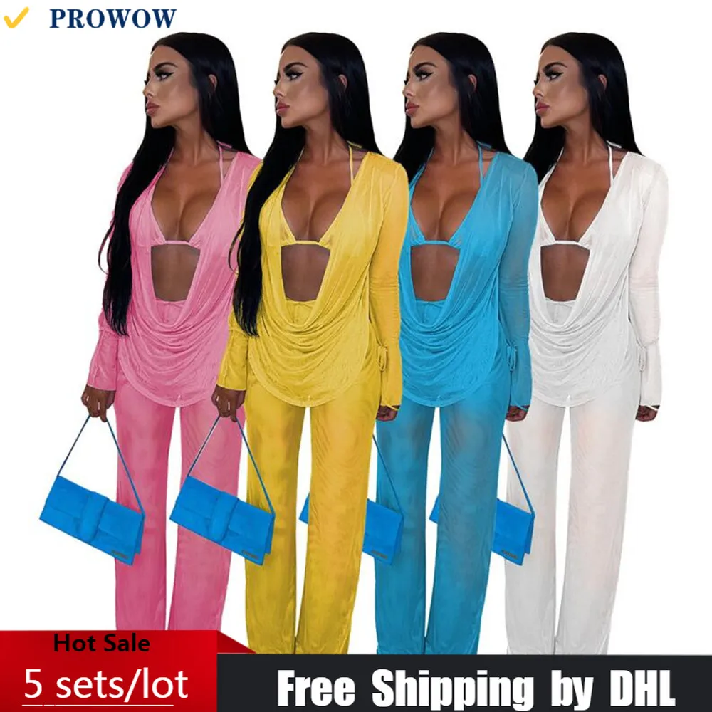 

Wholesale 3 Piece Bikini Set Women Mesh Matching Outfit Sexy Lady Club Suit Halter Bra + Long Sleeve Top + Wide Leg Pants 8188