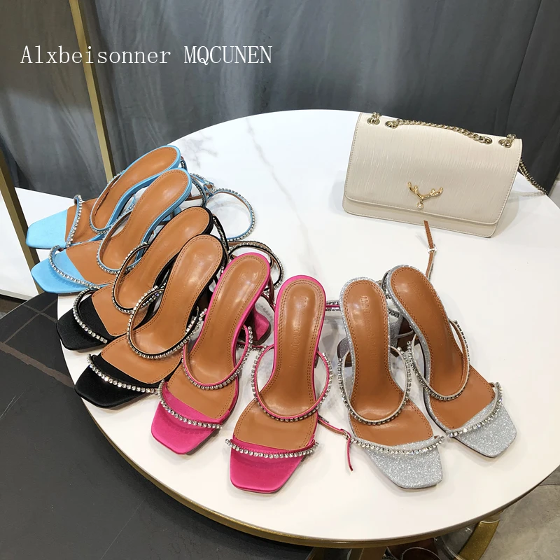 women's sandals kitten heels sandals chain tape crystal wedding sandals 2023 back strap high heels square toes peep-toe sandals