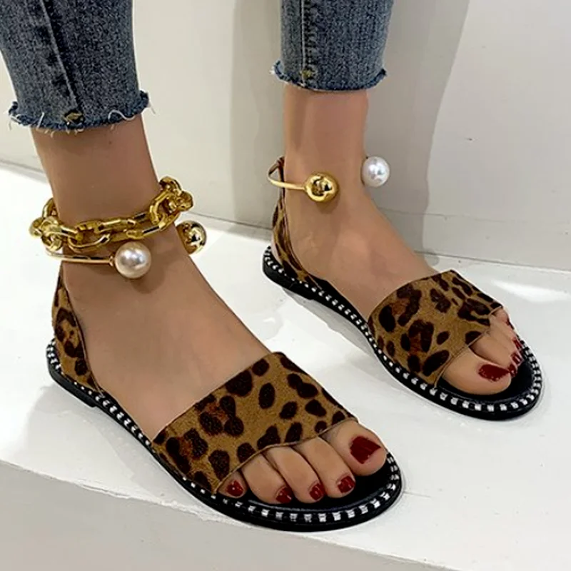 

2021 New Leopard Print Summer Women's Metal Beaded Sandals Women's Flat Flip Flops Casual Flat Open Toe Leopard Print Sandals