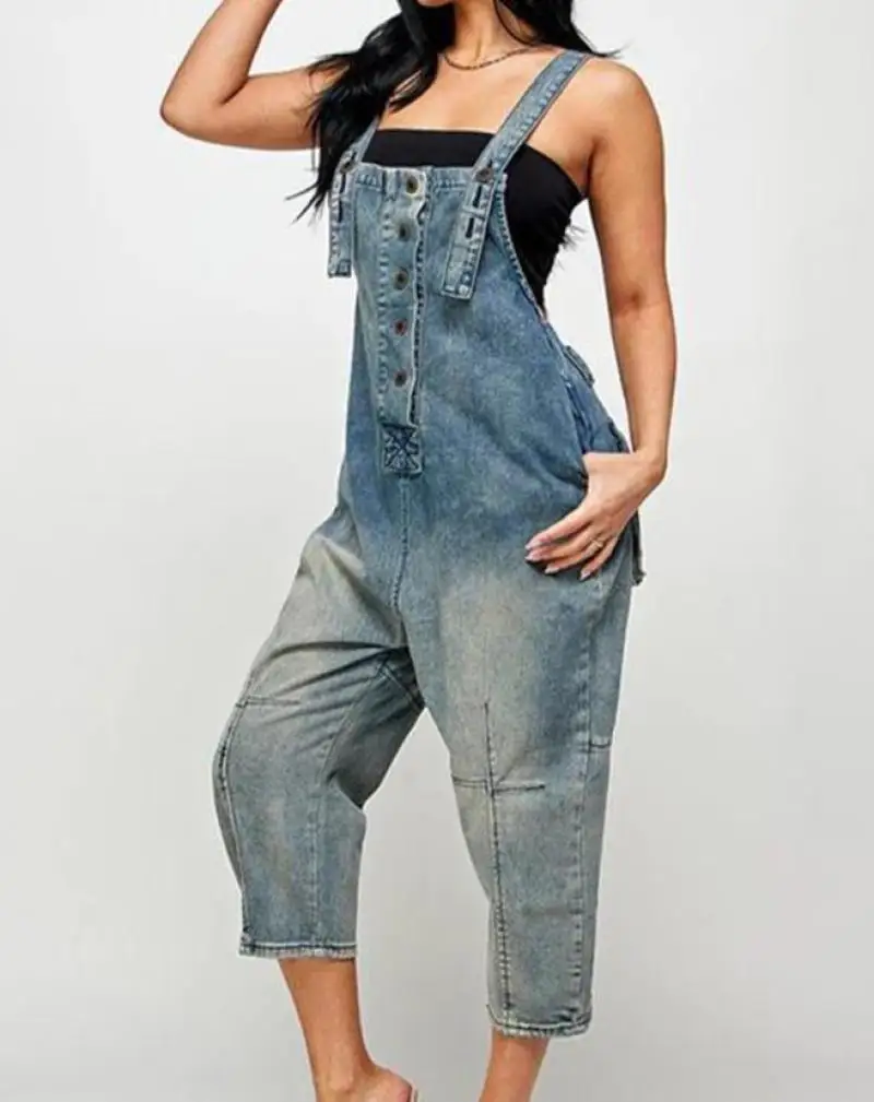 Fashion Denim Suspender Jumpsuit 2023 Summer Casual Pocket Design Buttoned Square Neck Sleeveless Daily Women's Denim Rompers