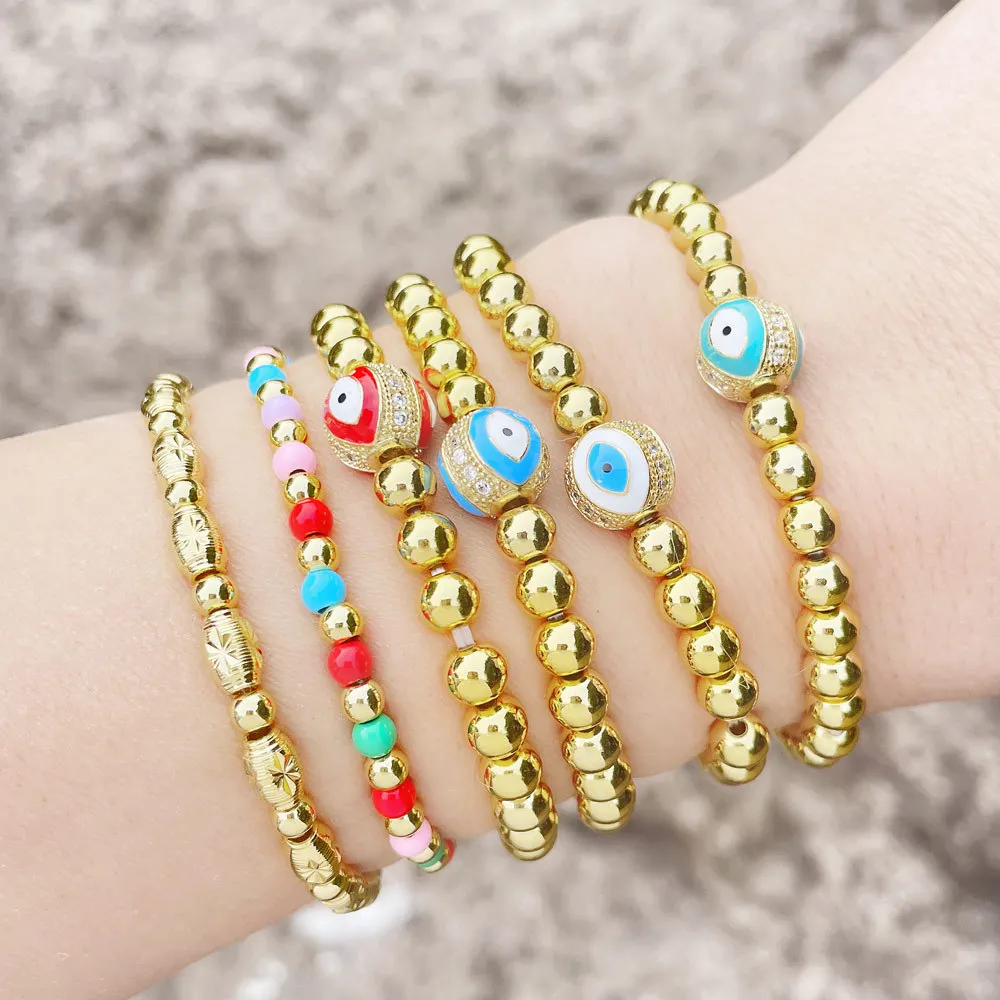 

WANGAIYAO new personality wild devil's eye bracelet female simple fashion beaded gold ball elastic bracelet Valentine's Day gift