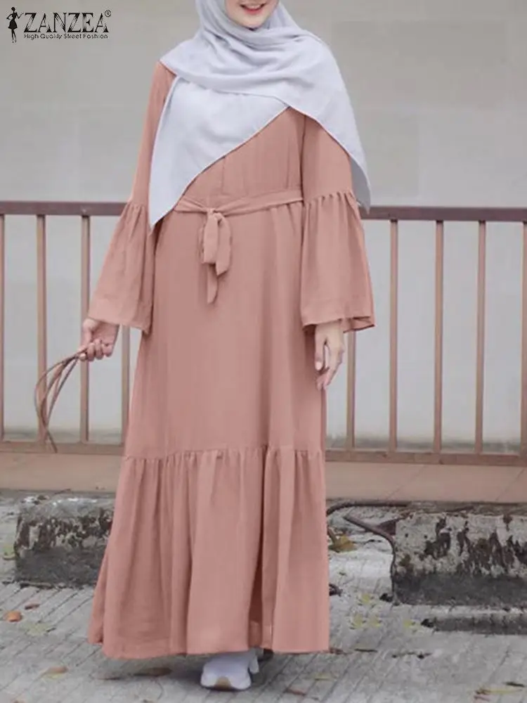 

ZANZEA Elegant Summer Women Abaya Hijab Dress Dubai Turkey Islamic Clothing Robe Femme Ramadan Long Flare Sleeve Muslim Dress
