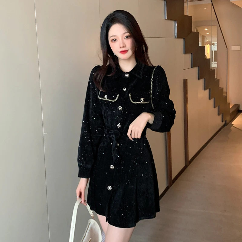

High Street Vintage Women Dresses 2022 New Korean Casual Winter High Waist Tum-down Collar Dress Long Sleeve Fashion Clothing