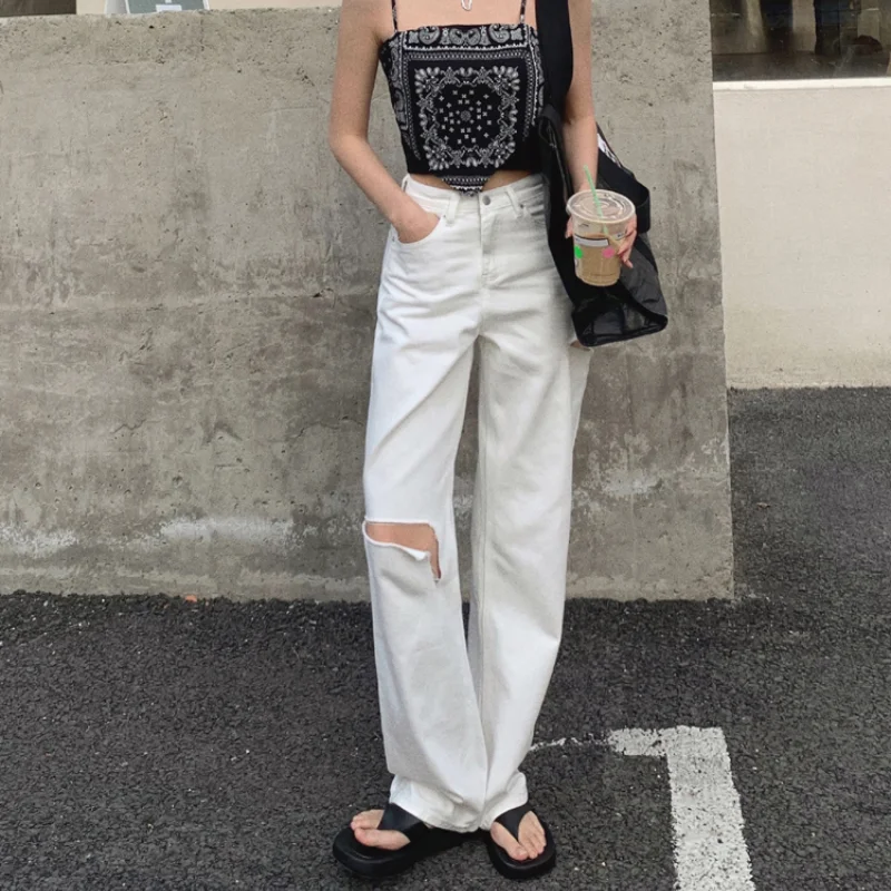 Women Casual Loose White Straight Pants 2023 High Street Fashion High Waist Ripped Hole Jeans Korean Streetwear Denim Trousers