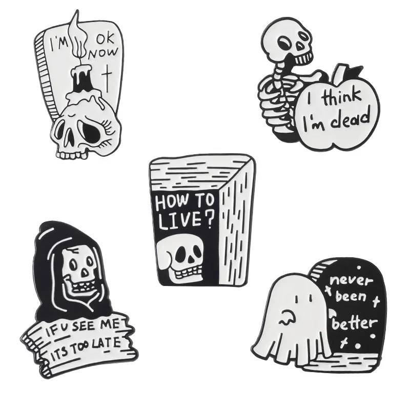 

White Cartoons Skull Lapel Pins Metal Fashion Enamel Anime Badges Brooches For Women Hijab Pins Gothic Style Brooch For Clothes