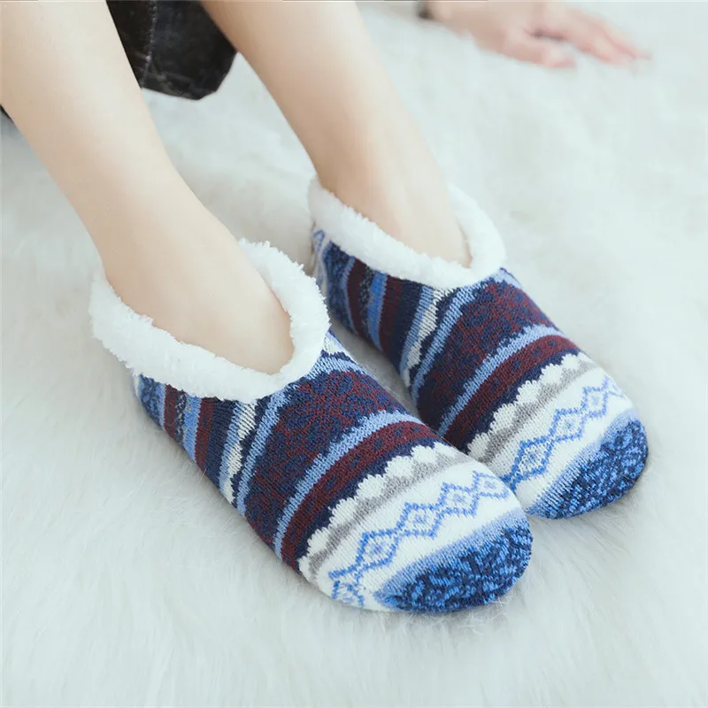 Winter Women Knitted Socks Thicked Plush Warm Floor Slippers Socks Woman Low Cut Indoor Shoes Anti Skid Grip Sole Home Sock