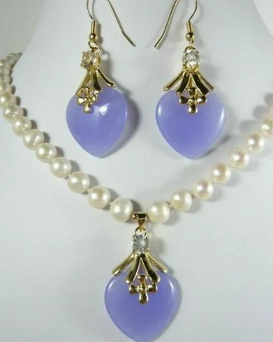 

Charm 7-8mm White Pearl Necklace 17"& Purple Heart Jades Earring Pendant