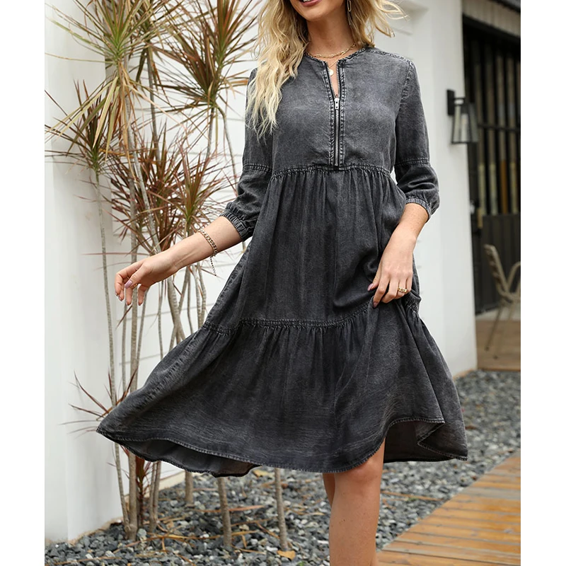 

Y2K Summer Denim Dress Women O Neck Zipper Patchwork Pleats Distress Vintage Dress Ruffled Female Fashion Casual A-Line Dress