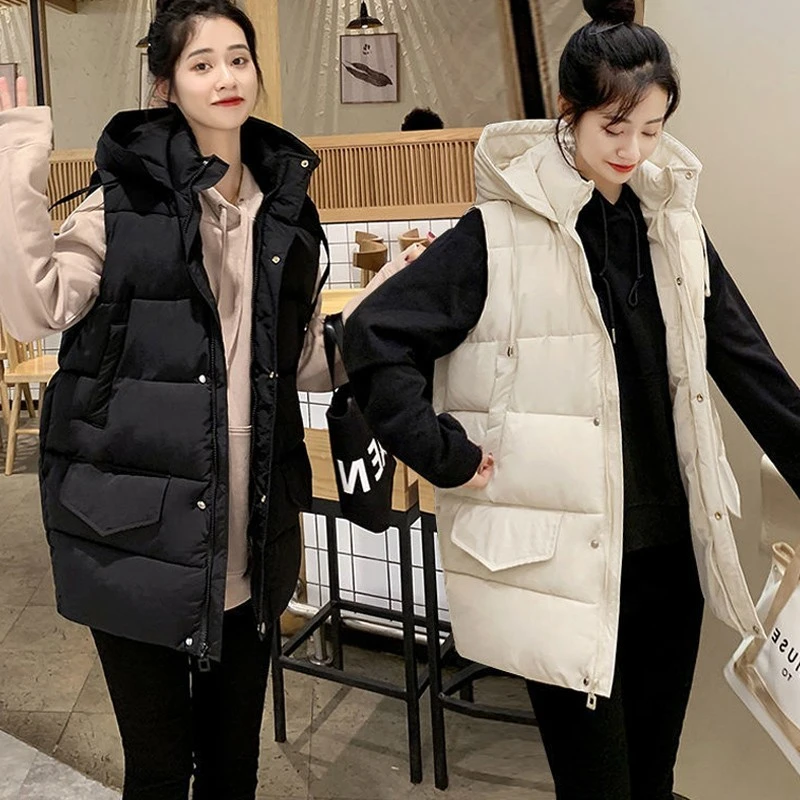 

Women Long Vest Coat Y2K Winter Thick Warm Sleeveless Parkas Hooded Oversized Waistcoat Casual Padded Outwear Female