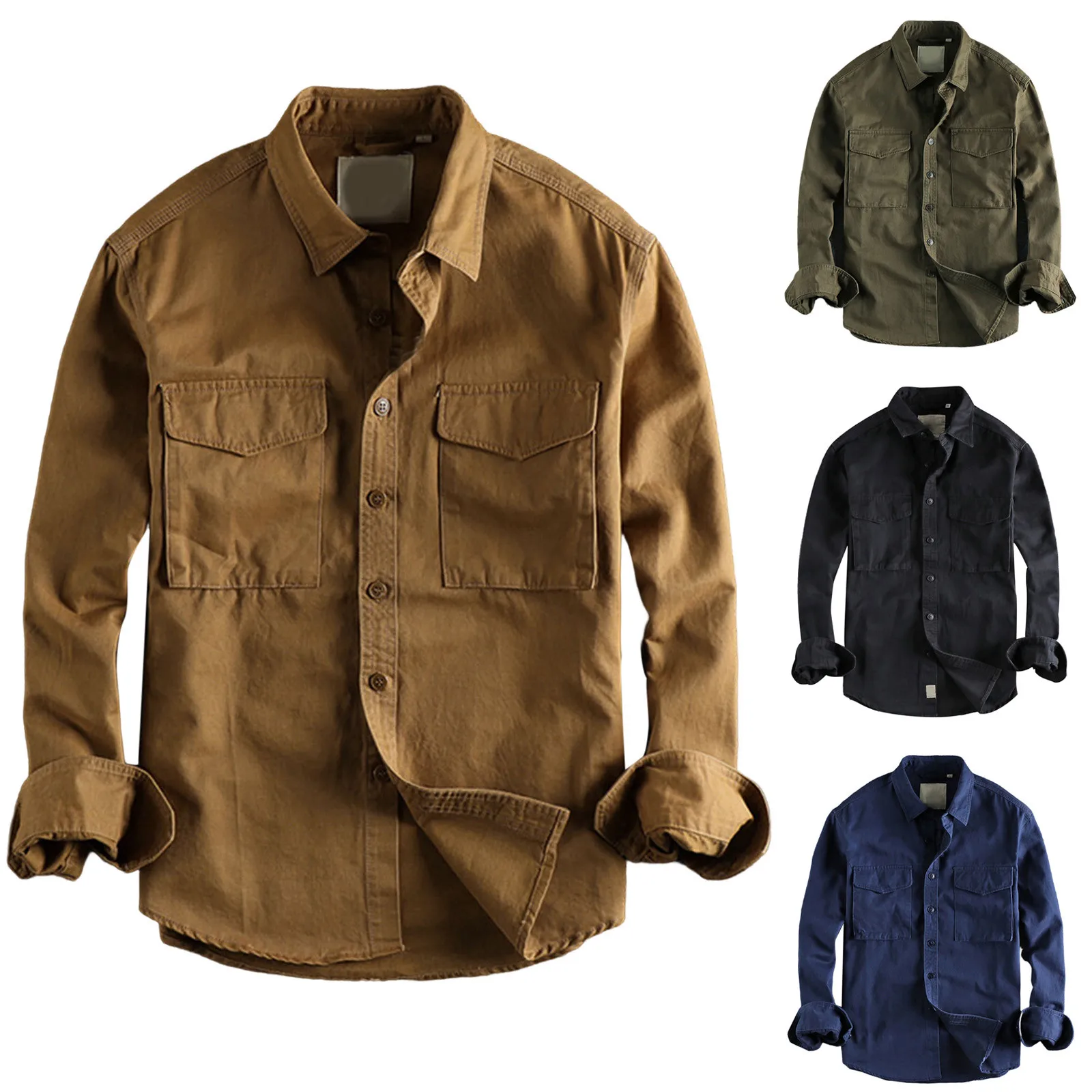 

Mesh Sleeve Mens Loose Vintage Solid Color Cargo Pocket Long Sleeve Shirt Active Top Pack Men